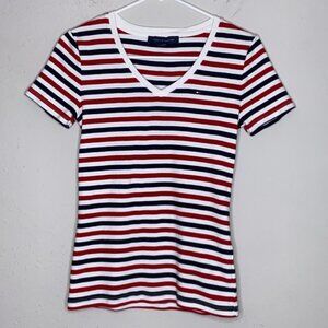 Tommy Hilfiger Women’s Size S Striped V-Neck Tee – Red, White & Black,